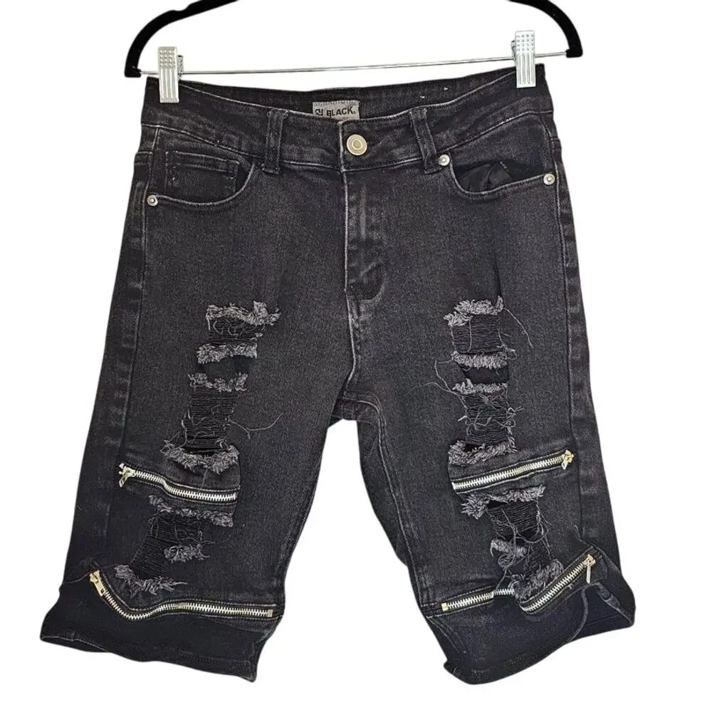 BLACK Label Jean Short Men's 30 Cotton Ripped Zipper Denim Bermuda‎